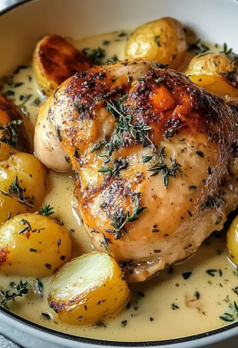 Kräutergebratenes Hähnchen in cremiger Weißweinsauce